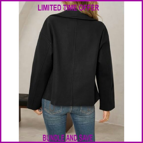 Cropped Wool Blend Pea Coat Double Breasted Notched Lapel Overcoat - Picture 4 of 8